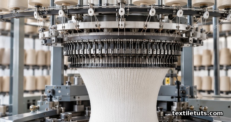 Industrial circular knitting machine forming white knit fabric with cream yarn cones feeding from a creel rack above.