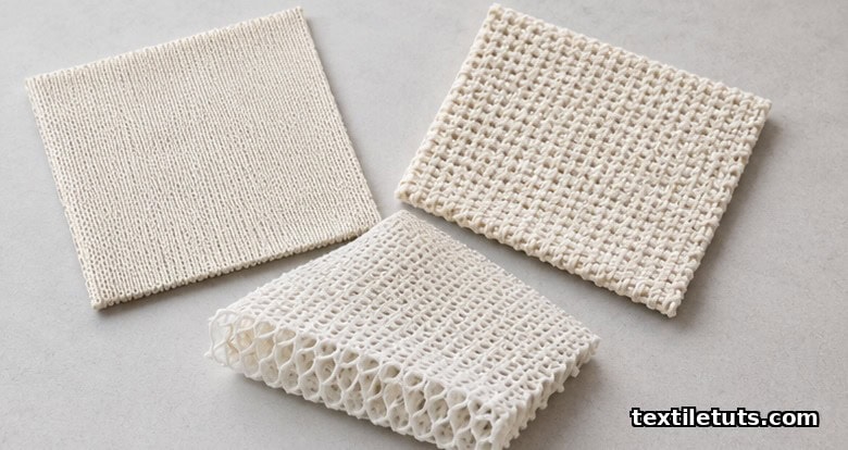 Three swatches of single jersey, interlock, and 3D spacer knit fabrics arranged to show different thicknesses.