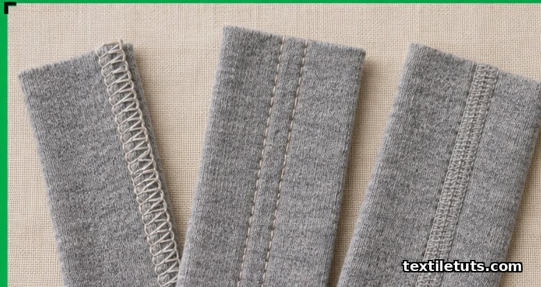 Three knit seam samples side by side showing overlock, coverstitch, and flatlock construction on linen backdrop.