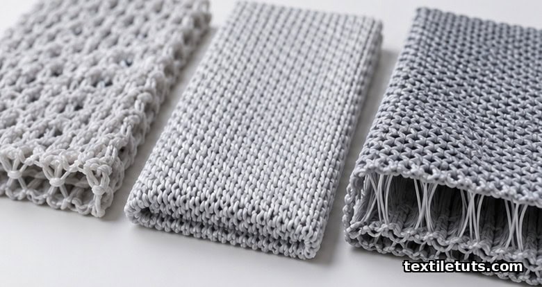 Close-up of single-jersey, interlock, and spacer 3D knit fabric samples showing different loop structures for wicking