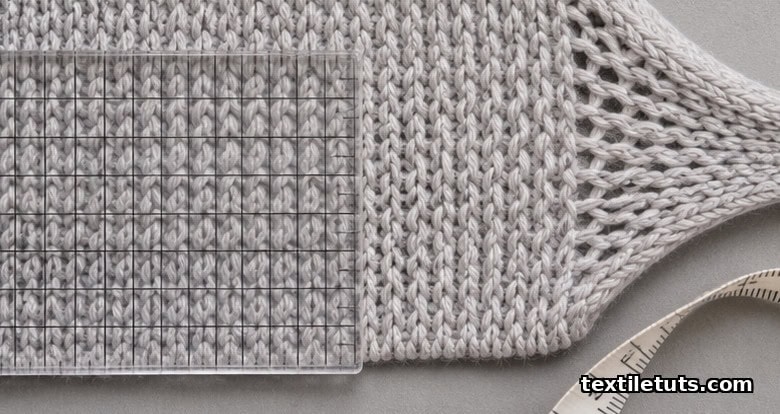 Close-up of single-jersey knit fabric with grid ruler showing courses and wales, and a tape measure — visualizing GSM and stitch density for underwear knit specs.