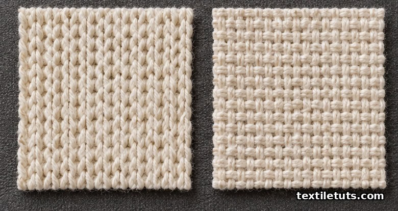 Side-by-side swatches comparing knit cotton piqué V-shaped loops with woven piqué perpendicular warp and weft yarn grid.