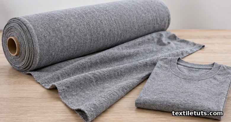 Rolled bolt of grey heather single jersey knit fabric unspooling on a wooden table beside a matching folded crew-neck t-shirt.