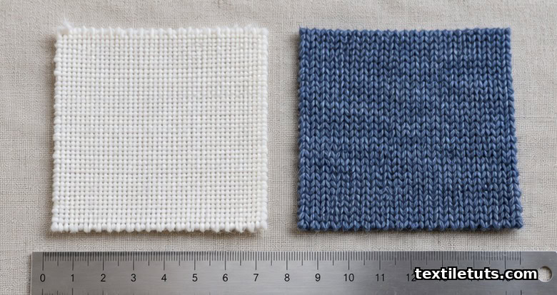 Macro photograph of knitted and woven fabric samples comparing knit loops with woven weave structure on neutral linen background with ruler.