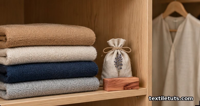 Folded camel, oatmeal, navy, and stone knitwear stacked on wooden shelf with cedar block and lavender sachet