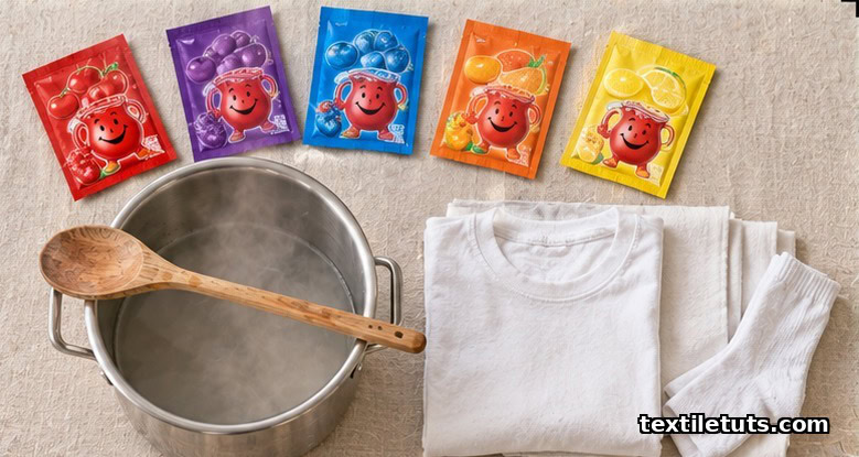 Flat-lay of colorful Kool-Aid packets, a steaming stainless steel pot, and folded white cotton fabric pieces arranged for a dyeing project.