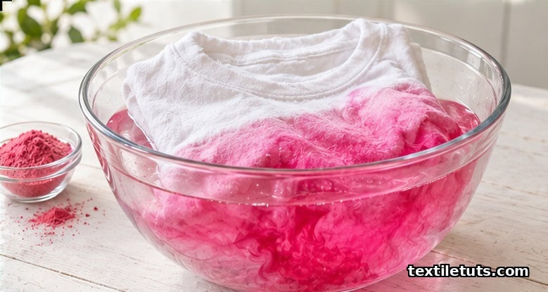 White cotton t-shirt partially submerged in a glass bowl of magenta Kool-Aid dye, turning vivid pink at the waterline on a white wooden surface.