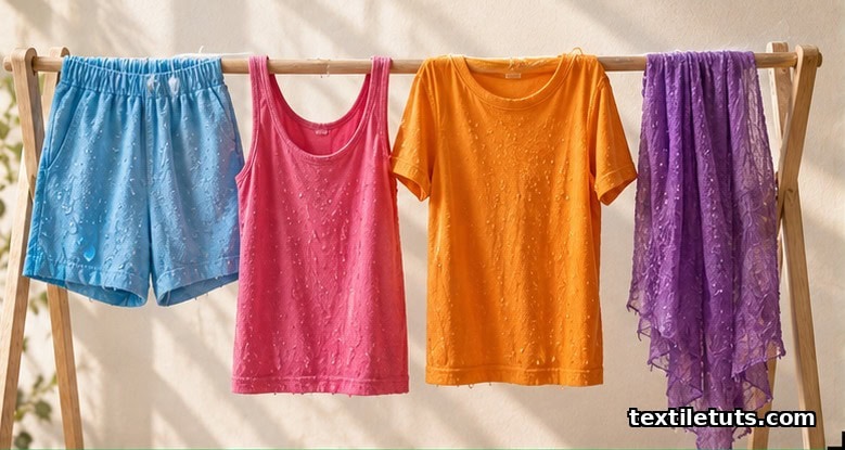 Damp dyed cotton garments in sky-blue, cherry-pink, tropical-orange, and grape-purple hanging in sequence on a wooden drying rack.