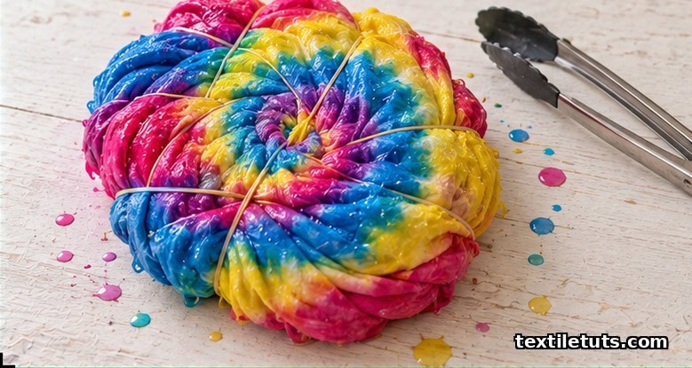 Spiral tie-dyed cotton fabric twisted in vivid hot pink, electric blue, and lemon yellow, freshly dyed and still wet on a wooden surface.