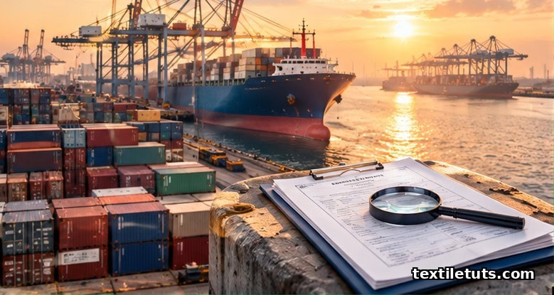 Container port at golden hour with stacked shipping containers, vessels, and a clipboard of insurance and inspection documents.