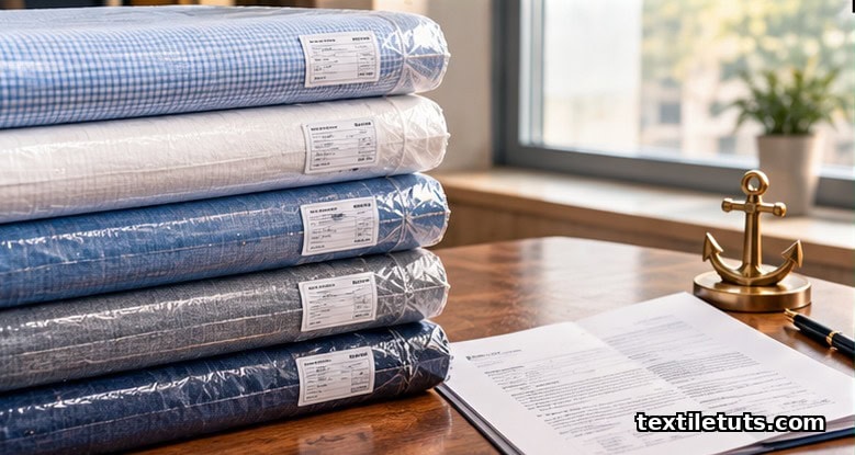 Bolts of woven shirting fabric beside an opened letter of credit document on a polished desk.