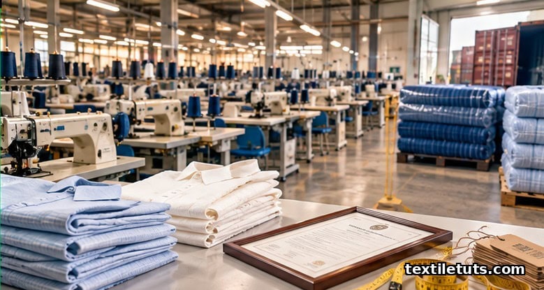 Garment factory floor with folded woven shirts and document linking the production to a letter of credit payment.