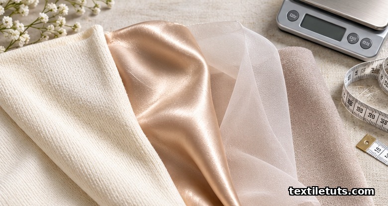 Flat-lay of cotton, silk, nylon, and modal lingerie fabric swatches on neutral surface with weight scale and measuring tape.