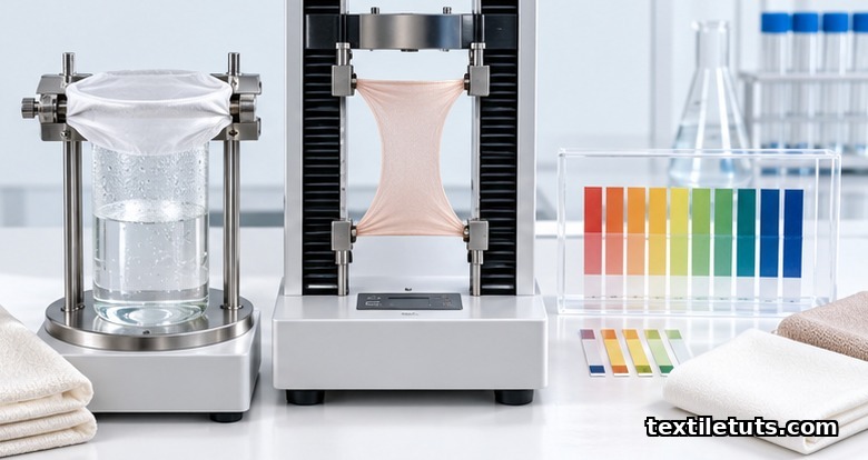 Laboratory scene showing water-vapor permeability cup, ASTM D4964 elastic recovery tester, and pH indicator strips on white bench.