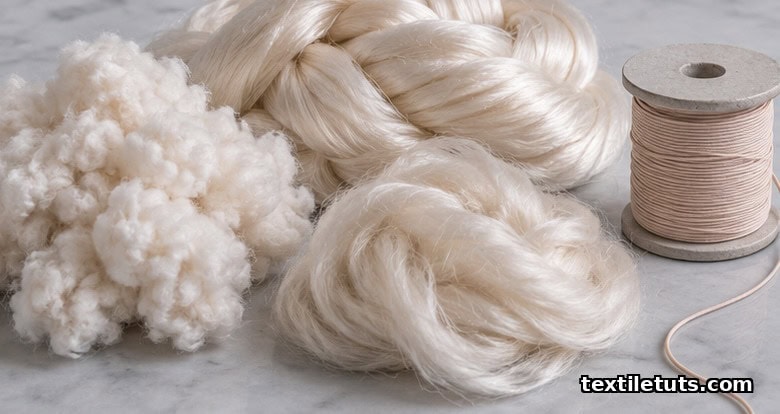Close-up of lingerie fiber samples: combed cotton staples, glossy mulberry silk fibroin filaments, fine micromodal fibers, and spandex on a spool.