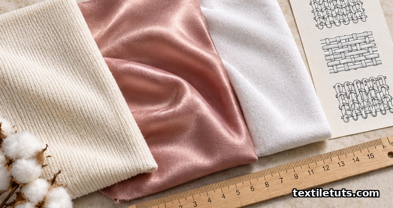 Close-up of cream cotton jersey, dusty rose silk charmeuse, and white modal-elastane jersey swatches with weave diagram.