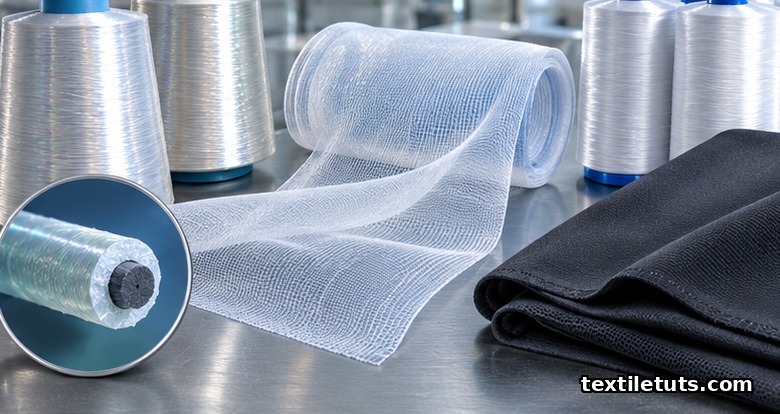 Trilobal nylon filament cones, sheer nylon-elastane mesh stretched to show four-way stretch, and powernet shapewear swatch.
