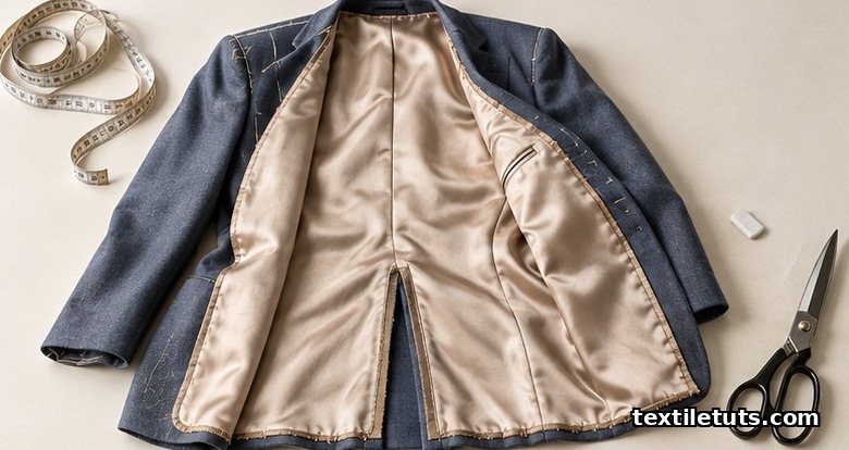 Inside view of a tailored blazer showing full lining construction attached at neckline, armholes, front facing, and hem.