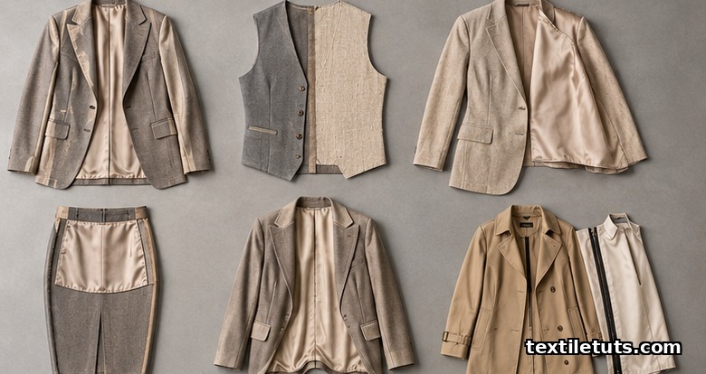 Flat-lay of six miniature garment prototypes demonstrating full, partial, half, bag, floating, and zip-in lining construction.