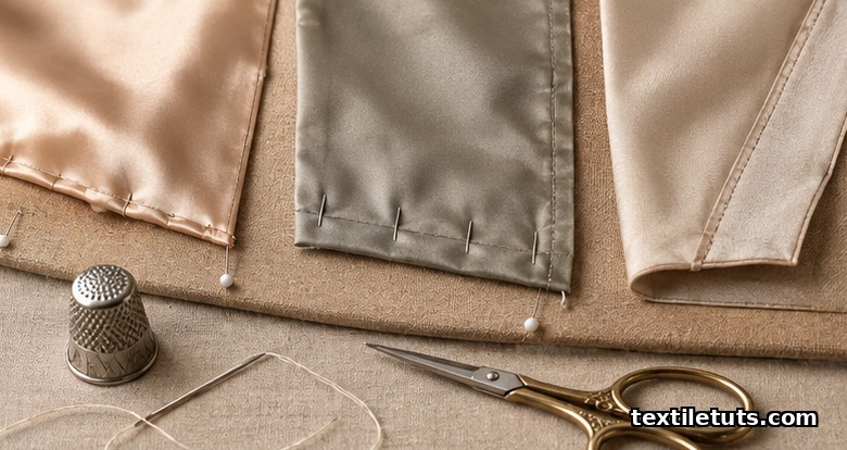 Macro close-up of lining seam techniques showing blind-hem stitch, caught hem tacks, and under-stitched front facing.