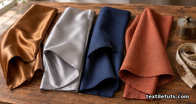 Four lining fabric swatches of Bemberg cupro, acetate, polyester, and viscose draped on a tailor's bench.