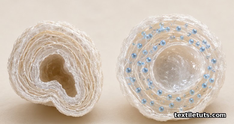 Microscopic cross-section showing cotton fiber swelling from kidney-shaped to rounded.