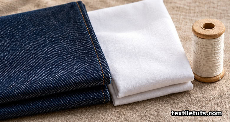 Folded indigo denim, white shirting fabric, and a spool of cotton sewing thread on linen.