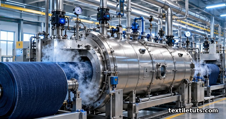 Industrial textile finishing line with denim rolls entering a sealed ammonia treatment chamber.