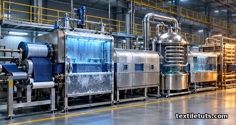 Side view of a continuous liquid ammonia treatment line processing indigo denim through six zones.