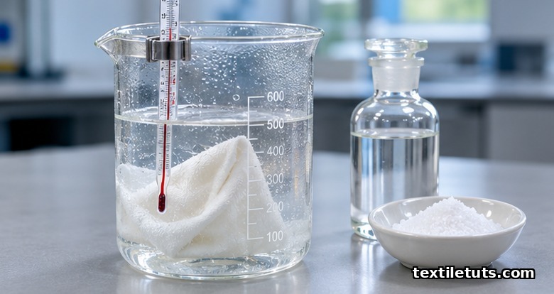 Cotton fabric submerged in a beaker of clear bleaching solution beside a dish of white activator powder and a glass thermometer.