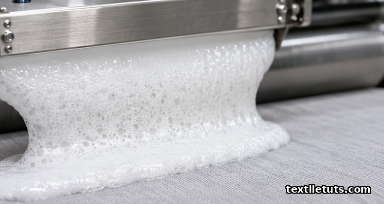 Macro view of stabilized foam being knife-coated onto grey cotton fabric for low-water finishing application.
