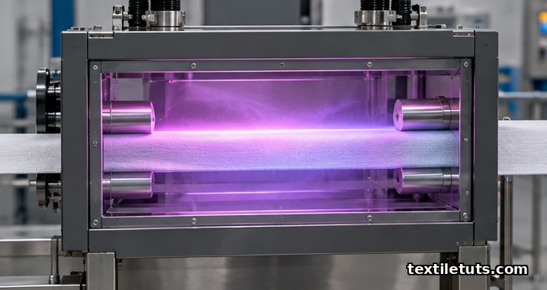 Atmospheric plasma treatment chamber glowing violet-pink over a strip of cotton fabric for dry surface finishing.