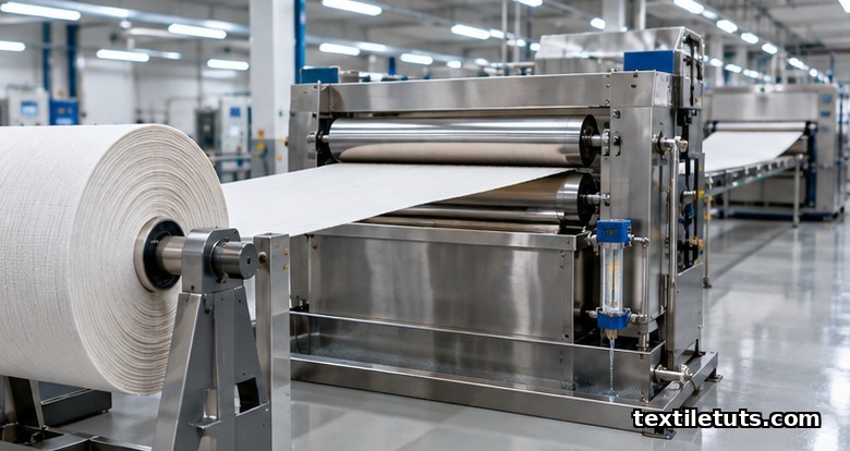 Modern textile finishing line with woven cotton fabric feeding through a stainless steel padding mangle in a clean dyehouse, illustrating low-water processing.
