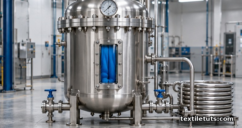 Vertical stainless steel supercritical CO2 dyeing pressure vessel with pressure gauge and sight glass showing blue polyester fabric.