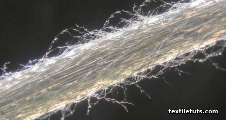 High-magnification microscopy of a lyocell fiber showing aligned microfibrils and fine surface fibrils peeling from the skin.
