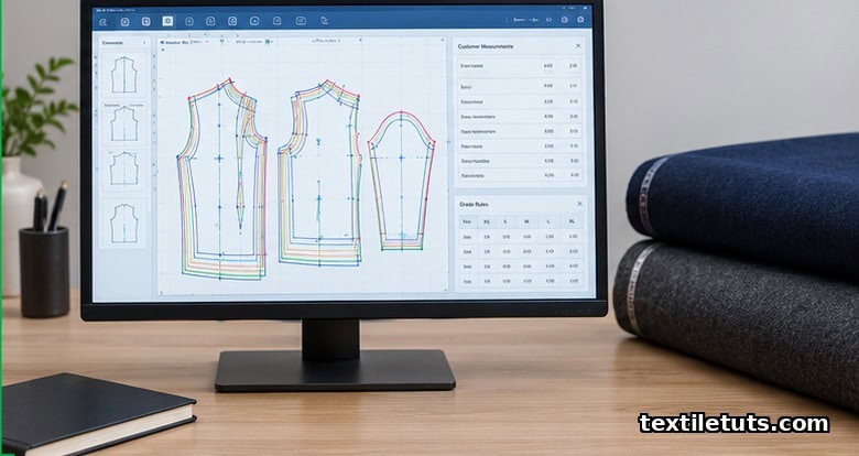 Computer monitor displaying pattern-grading software with a scaled digital block pattern and bolts of fabric.