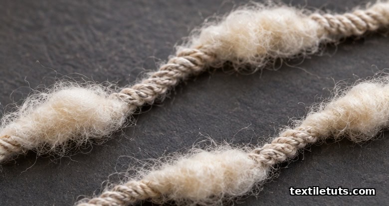 Macro of marble twist-variation slub yarn showing tight twisted zones and soft low-twist cloud sections