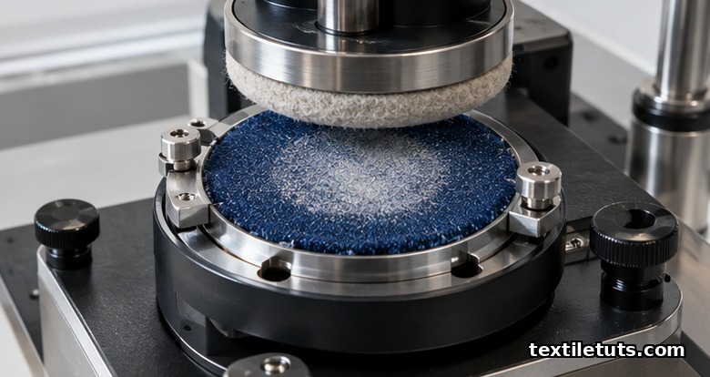 Martindale abrasion tester rubbing a denim specimen against a worsted wool abrasive pad under laboratory load.