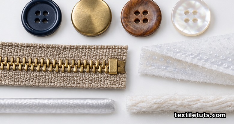 Macro still life showing buttons of different materials, a brass metal zipper with visible teeth, fusible interlining cross-section, and filament versus spun polyester thread on a white seamless backdrop.