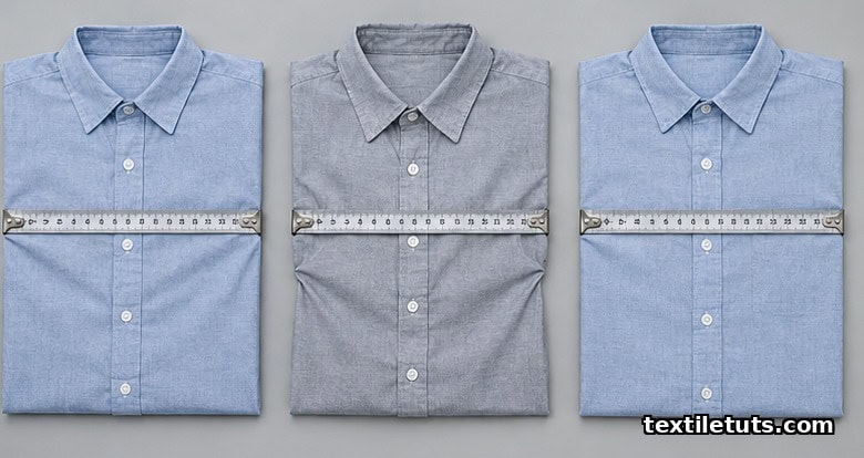 Three woven shirt panels showing over-spec, under-spec, and within-tolerance chest measurements with steel tape.