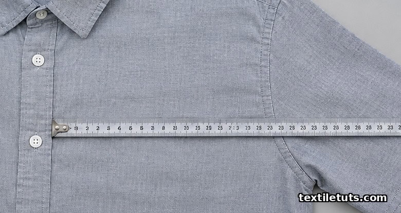 Close-up of a steel measuring tape laid flat across a shirt's chest parallel to the hem below the armhole seam.