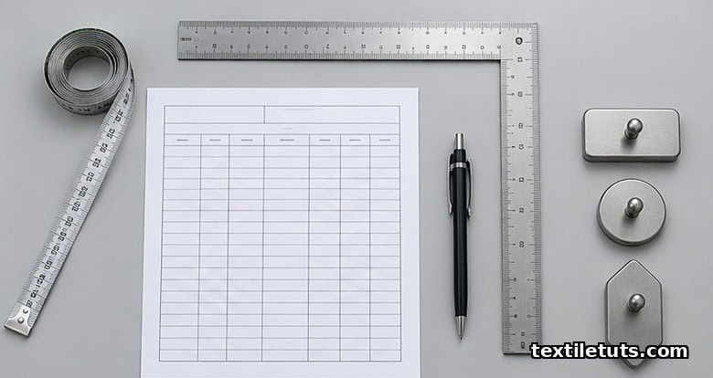 Flat-lay of QC measurement tools: steel tape, L-square ruler, spec sheet, pen, and pattern weights on a table.