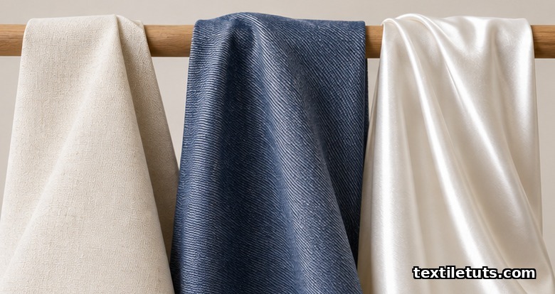 Three fabrics draped over a wooden dowel comparing matte plain weave, diagonal-sheen twill, and lustrous fluid satin drape.