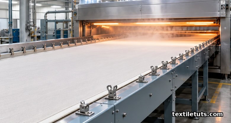 Industrial stenter frame with knit fabric clipped and stretched through a heated finishing chamber.