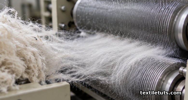 Close-up of a carding machine's wire-tooth rollers pulling shredded cotton rags into a wispy web of loose fibers.