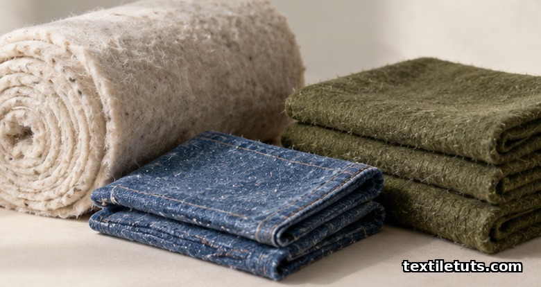 Still life of reclaimed-fiber products: a cotton insulation batt, recycled denim fabric, and wool blanket squares.