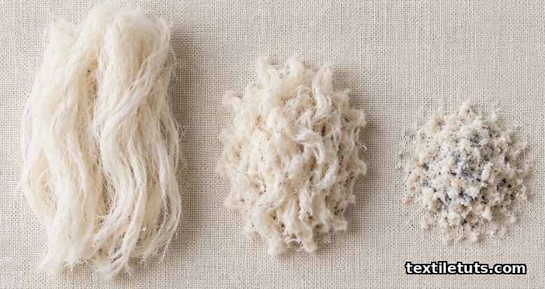 Macro comparison of cotton fibers at three stages: long virgin fibers, shorter recycled fibers, and short nep fragments.