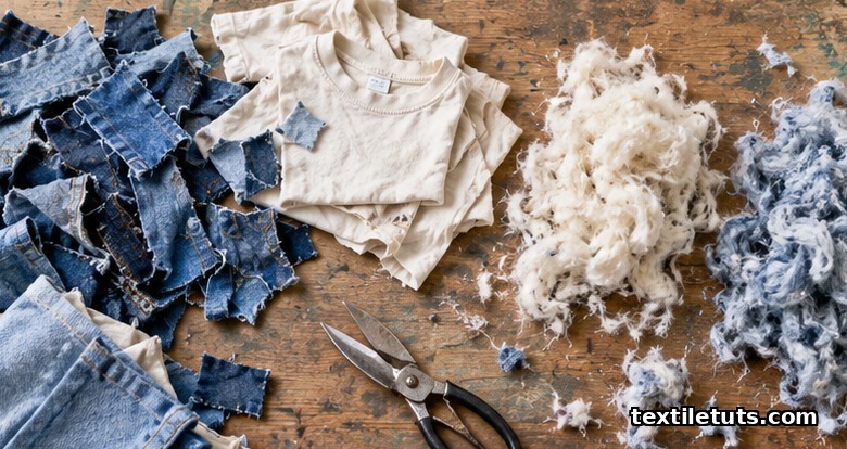 Overhead view of a textile recycling workstation with cut denim scraps, cotton pieces, and reclaimed fiber piles on a wooden table.