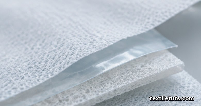 Macro close-up of layered medical nonwoven fabric showing fibrous spunbond texture and translucent film layer.