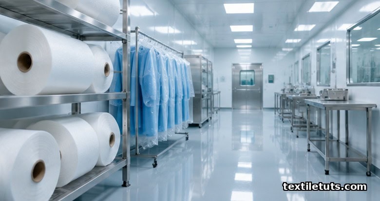 Cleanroom interior with rolls of medical nonwoven fabric on steel shelves, sterile gown packages, and a worker in full coverall.